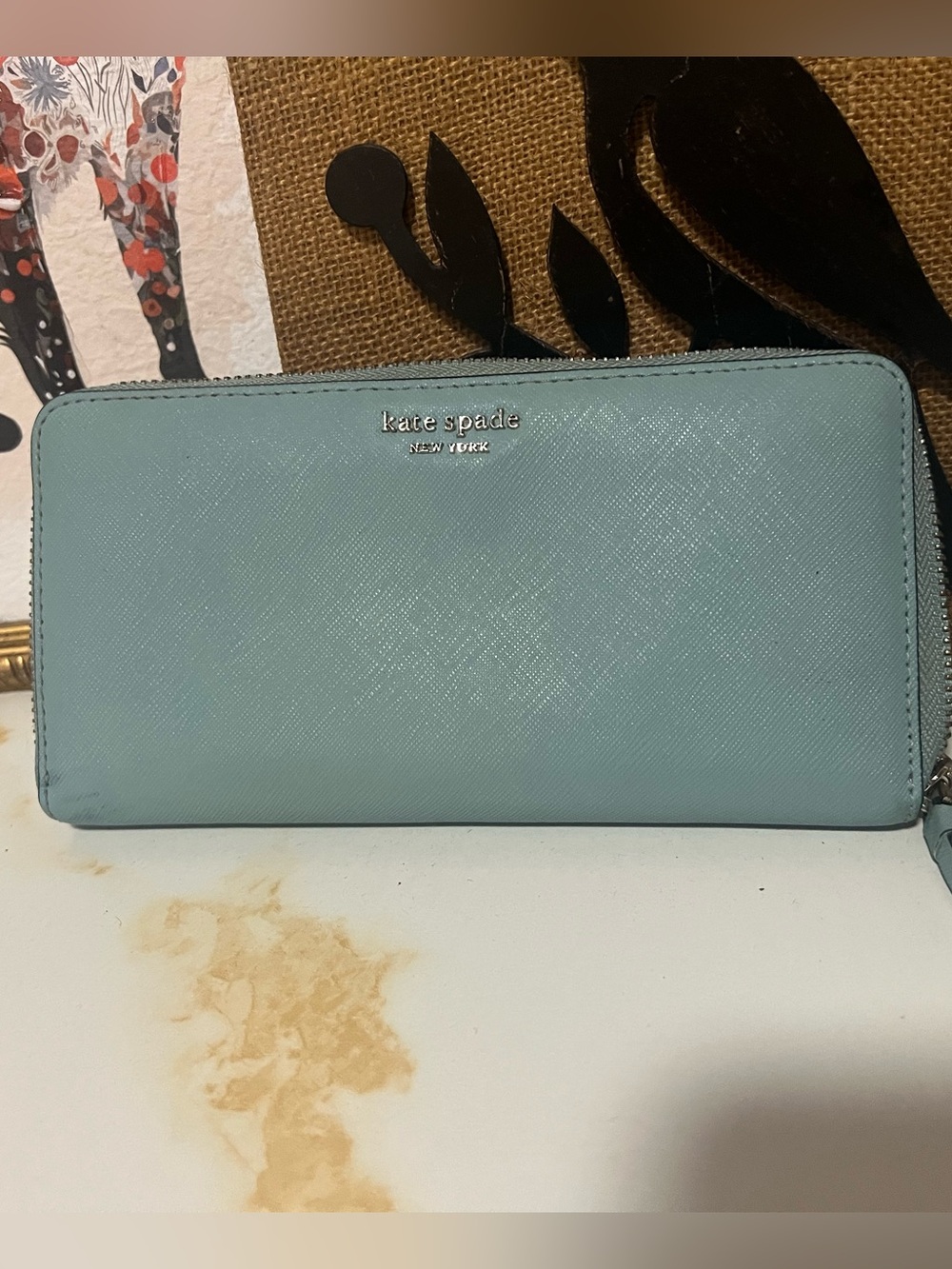 kate spade Light Blue Zip-Around Saffiano Wallet